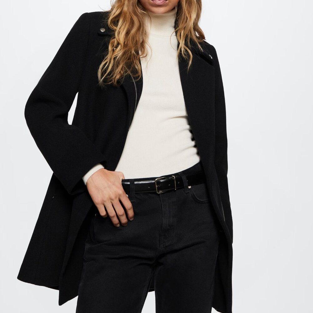 Mango Black Wool-Blend Coat with Cream Turtleneck Detail